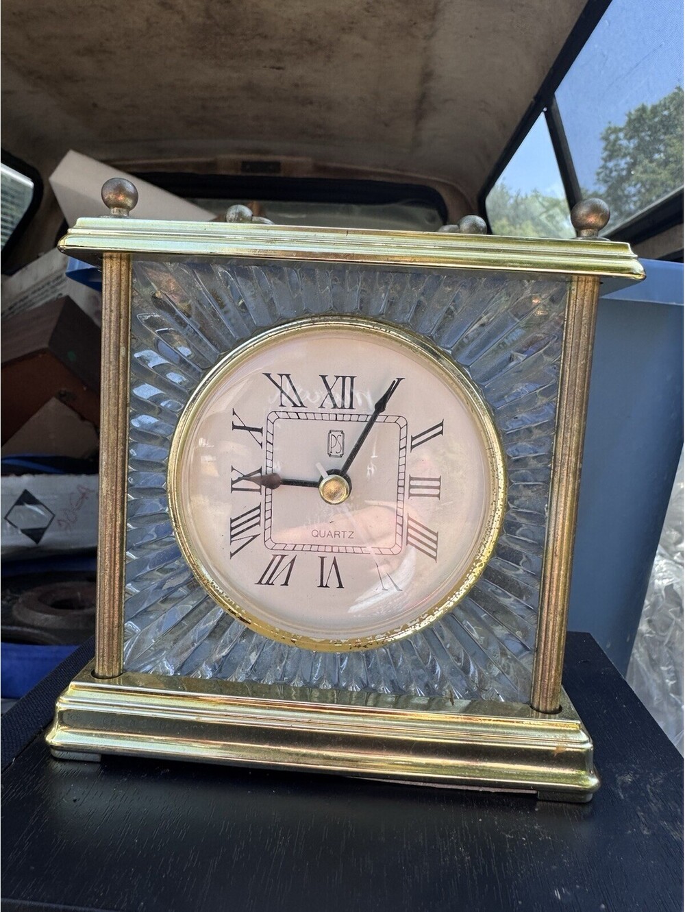 PS Paul Sebastian Vintage Quartz Clock Faceted Glass Brass Mantel Desk Clock